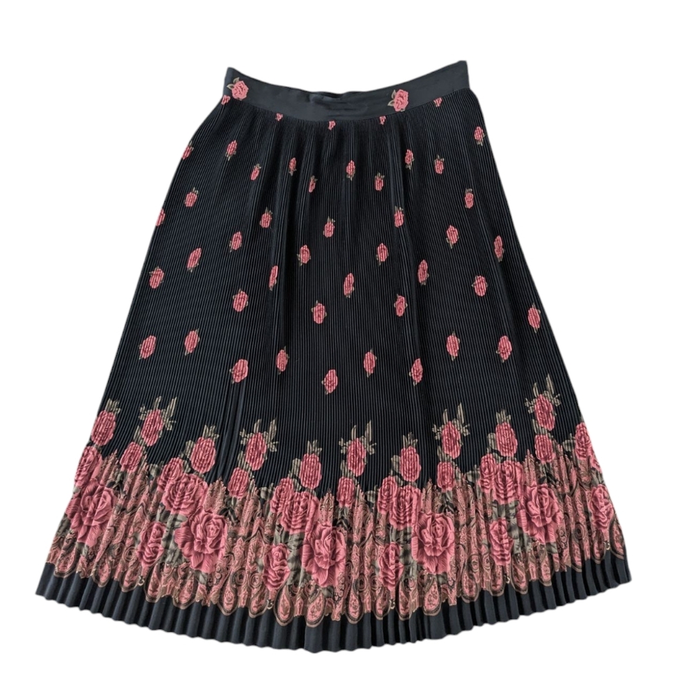 Vintage Black Pink Rose Floral Pleated Midi Skirt Cottagecore Coquette Sz.2